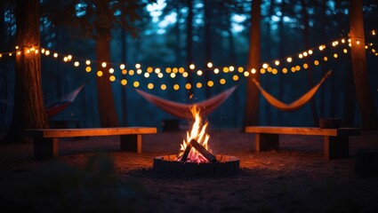 Poster - Campfire Nights in Summer: Discover the Excitement of Flames in the Woods, Enjoying Hearty Meals and Cozy Nights at the Campground, Wood Blazes Brightly Under the Stars, Making Unforgettable Memories