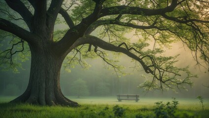 Leinwandbilder - Old robust oak and the early tender leaves, clear air