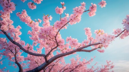 Poster - Cherry blossom tree in full bloom with focused detail on blue sky background and blank space