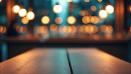 Poster - Background of a bar in soft focus with wooden table. Assembly for showcasing products.