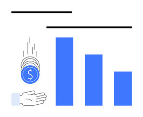 Poster - blue bar chart showing a decline alongside coins dropping into a hand, symbolizing financial investm