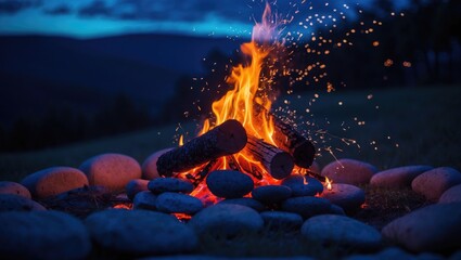Poster - A close view of a vibrant campfire surrounded by stones, with sparks shooting into the air, situated in a calm outdoor evening backdrop beneath the sky.