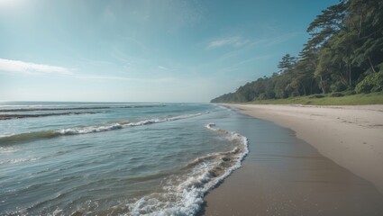 Aufkleber - A river merges with the ocean, causing gentle waves to lap the beach, which stretches across the horizon and is bordered by rich greenery and peaceful waters.