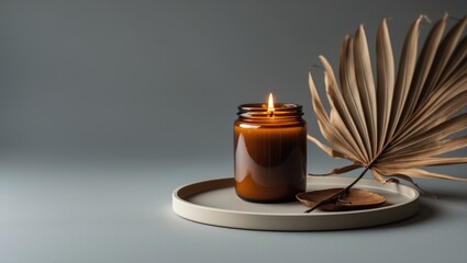 Aufkleber - Bespoke candle fashioned from paraffin and soy wax in a glass jar on a tray. Candle artistry. Minimalist aesthetics. Lavish decoration, home interior accent with aromatic candle flame