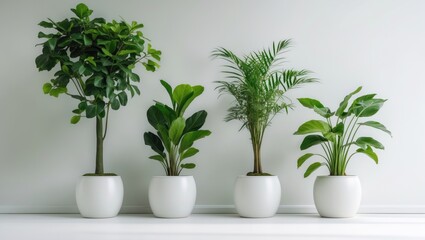 Poster - White ceramic pot featuring Ficus lyrata, Sansevieria, Pachira, and ZZ Zamioculcas zamiifolia. Various species. Isolated on a white backdrop.