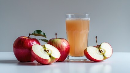 Poster - Naturally Cloudy Apple Juice Featuring Sliced Red Apples and a Glass in Front of a White Background
