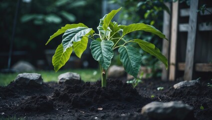 Poster - Young papaya trees in a yard after watering