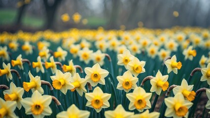 Poster - Cheerful display of yellow daffodils in full bloom, gently swaying in the breeze and standing out against the backdrop