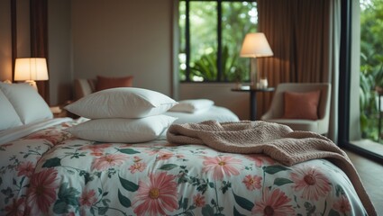 Aufkleber - Nicely decorated hotel room interior showing a made-up bed, bedside table, lamp, and fresh bedding linen in a horizontal arrangement