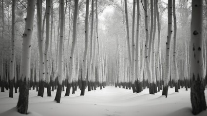 Poster - Grayscale photograph of birches in a cluster with other birches