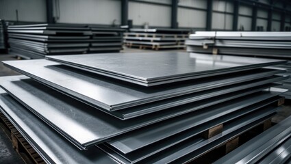 Poster - Backdrop featuring galvanized steel sheets. Assortment of steel sheets for industrial purposes. Construction engineering supplies, equipment, pipes, metal, industrial warehouse, plate configuration.