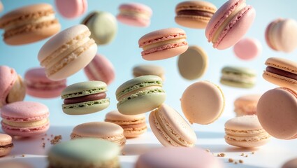 Poster - Colorful macaron cake, top-down arrangement, sweet macaroons on solitary background.