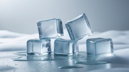 Poster - Melting ice cubes made of natural crystal clear material in the background.