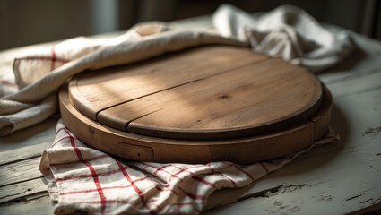 Poster - Top view mock-up of wooden desk with pizza board and napkin. Canvas and dish towels on table background in close-up. Selective focus.