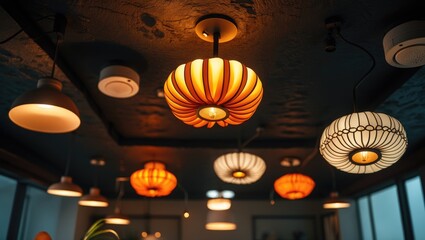 Poster - Vintage lantern interior with lamps casting orange and yellow light and ceiling smoke detection.