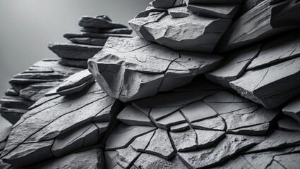 Poster - Close-up of black white rock texture with cracked layers, gray grungy background, suitable for design space