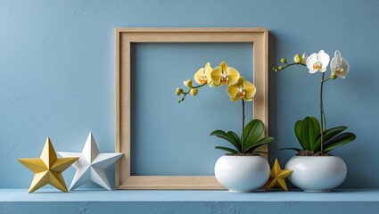 Poster - Photoframe mockup illuminated brightly with a yellow orchid on wall, showcasing interior design and space for text