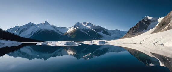 sharp snow capped alaskan peaks mirrored in crystal clear alpine lakes under bright sun