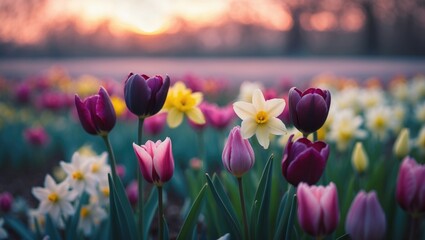 Poster - Diverse Blooms in a Vibrant Field with Soft Lighting Creating a Blurred Background for Design Use