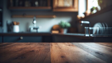Poster - blurred kitchen backdrop with dark wooden workspace
