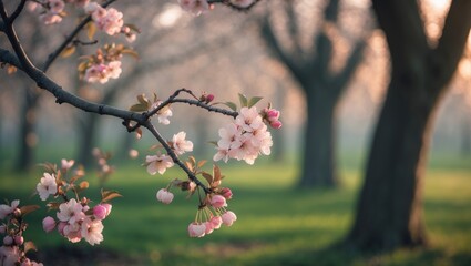 Poster - Close-up of beautiful flowers on cherry branches in a sunny outdoor garden.