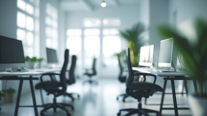 Poster - Contemporary design with a blurred background. Workspace for creative businesses comprising chairs, table, and an interior plant.