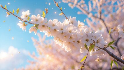 Poster - Cherry blossom branches in macro view with a gentle background focus in sunlight, offering copy space.