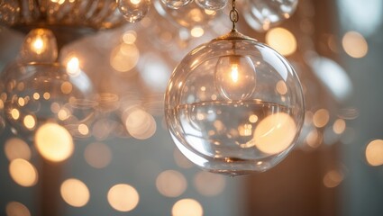 Poster - Luxury crystal ball chandelier against a blurred golden bokeh background for glimmering light reflections