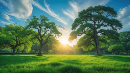 Poster - Shining summer sun enhances the park's tree canopy and green lawn