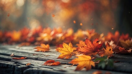 Poster - Autumn Leaves in Bright Colors with a Blurred Background on Wooden Surface