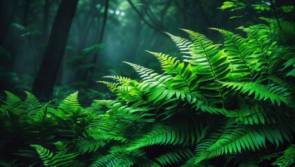 Poster - Usual polypody. Rich green fern foliage. Botanical texture of leaves background. Fresh green fern fronds.
