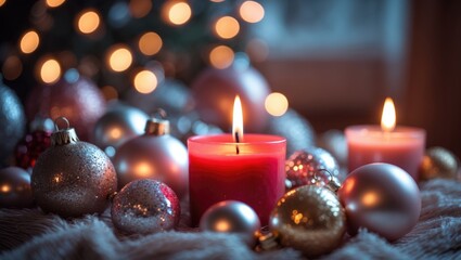 Poster - Relaxing and Festive Ambiance with Candlelight, Ornaments, and Bokeh Lights Creating a Cozy Environment