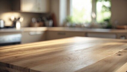 Aufkleber - Unfocused modern kitchen behind an empty table board. Picnic concept and product showcase.