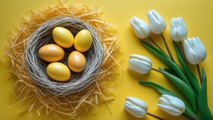 Poster - Brightly colored eggs and tulips arranged in an Easter scene, viewed from above.