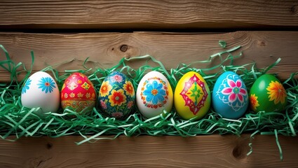 Poster - Vibrant eggs on a wooden surface providing space for text. Easter eggs in a nest against a wood backdrop.
