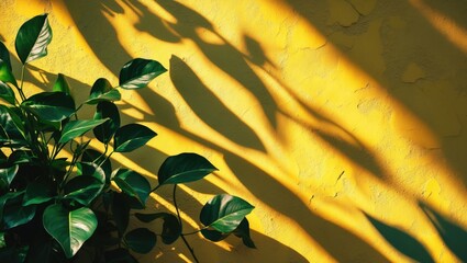 Poster - Concrete wall texture displaying shadows of leaves with irregularities and roughness. Stylish nature-themed background in vibrant colors. Area for text overlay or poster mockup.