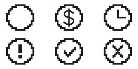Fototapete - Pixel Art Icon Set Featuring Dollar Sign, Clock, Exclamation Mark, Checkmark, And Cross. Financial, Time Management, Alert, Approval, And Rejection Symbols. Isolated Vector Illustration