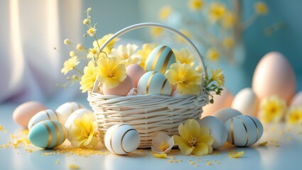 Poster - Striped golden Easter egg featuring polka dots and flowers, excellent for diverse applications.