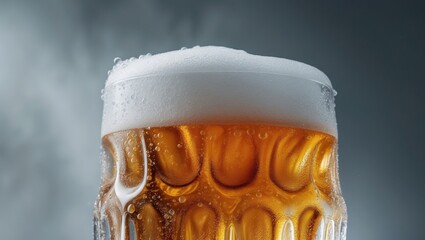 Poster - Zoomed-in photo of a cold, golden lager beverage with a thick layer of white foam on a grey studio backdrop. Concept of culinary delights and drinks, celebrations, drink industry.