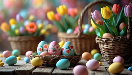 Poster - Easter Eggs on a Rustic Wooden Table with Colorful Bokeh, Typographic and Logo Space