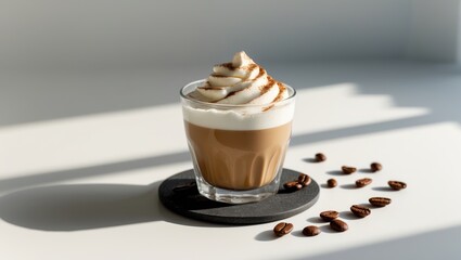 Poster - Dalgona coffee. Fluffy instant vegan coffee in a glass accompanied by beans and shadow on a pale background. The concept of a chic drink. Available space for text.