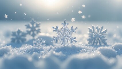 Poster - Delicate hoarfrost snowflakes shine in warm sunlight, displaying intricate motifs and cold beauty.