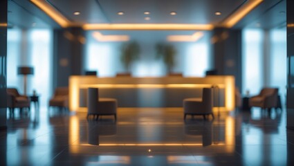 Poster - Blurry background of a hotel or office building lobby, showcasing a modern reception hall and luxury lounge with a white space and indistinct corridor