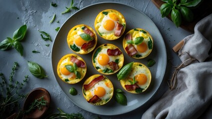 Poster - Healthy breakfast featuring egg bites topped with bacon, cheese, vegetables, and herbs on a plate