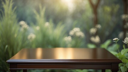 Poster - Bare wooden table top on green grass from garden in background for product presentation