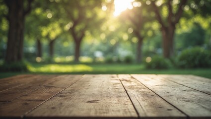 Poster - Empty wooden table featuring garden bokeh suitable for food presentation