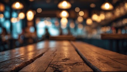 Aufkleber - Empty bar table made of wood with a dark, blurred cafe restaurant backdrop, focusing selectively.