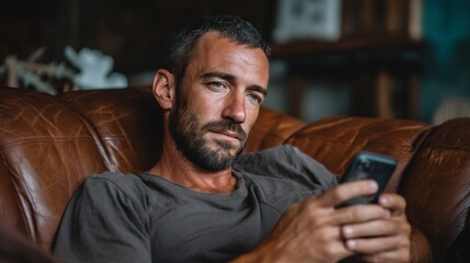 Poster - A man relaxes on a comfortable leather couch, engrossed in his smartphone. The warm ambiance of his surroundings enhances the tranquil mood