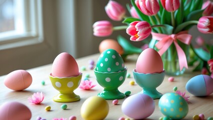 Poster - Decorative table featuring tulips and Easter eggs