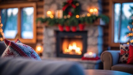 Aufkleber - Out-of-Focus Image of Festively Decorated Cabin Interior Featuring a Fireplace and Comfortable Seating